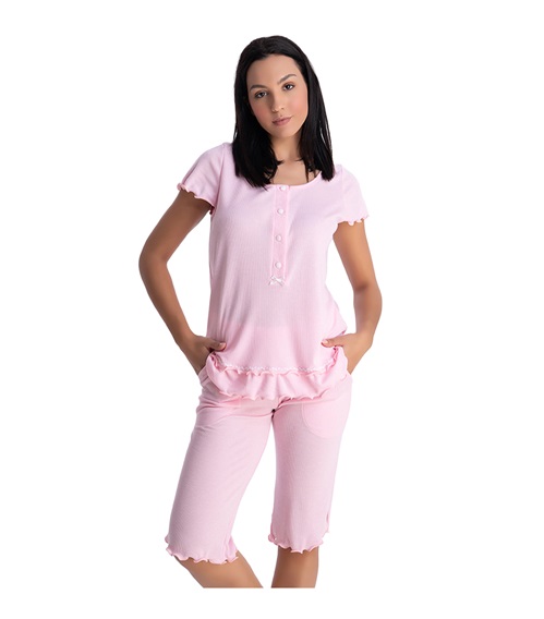Rachel Women's Pyjama Capri Rib Buttons Bow Ruffles  Pyjamas