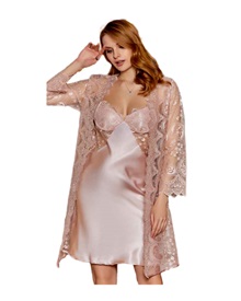 FMS Women's Set Nightdress-Robe Satin Lace  Wedding Set