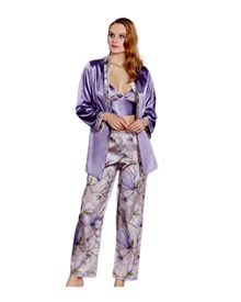 FMS Women's Set Pyjama-Bralette Crop-Top Satin Flowers  Pyjamas
